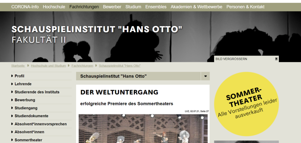 Website der Schauspielschule in Leipzig